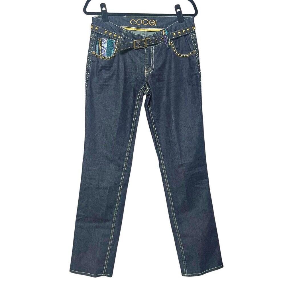 Vtg Y2K Coogi Dark Wash Denim Jeans Sz 11 12 Flare Knit Pocket Accent Streetwear